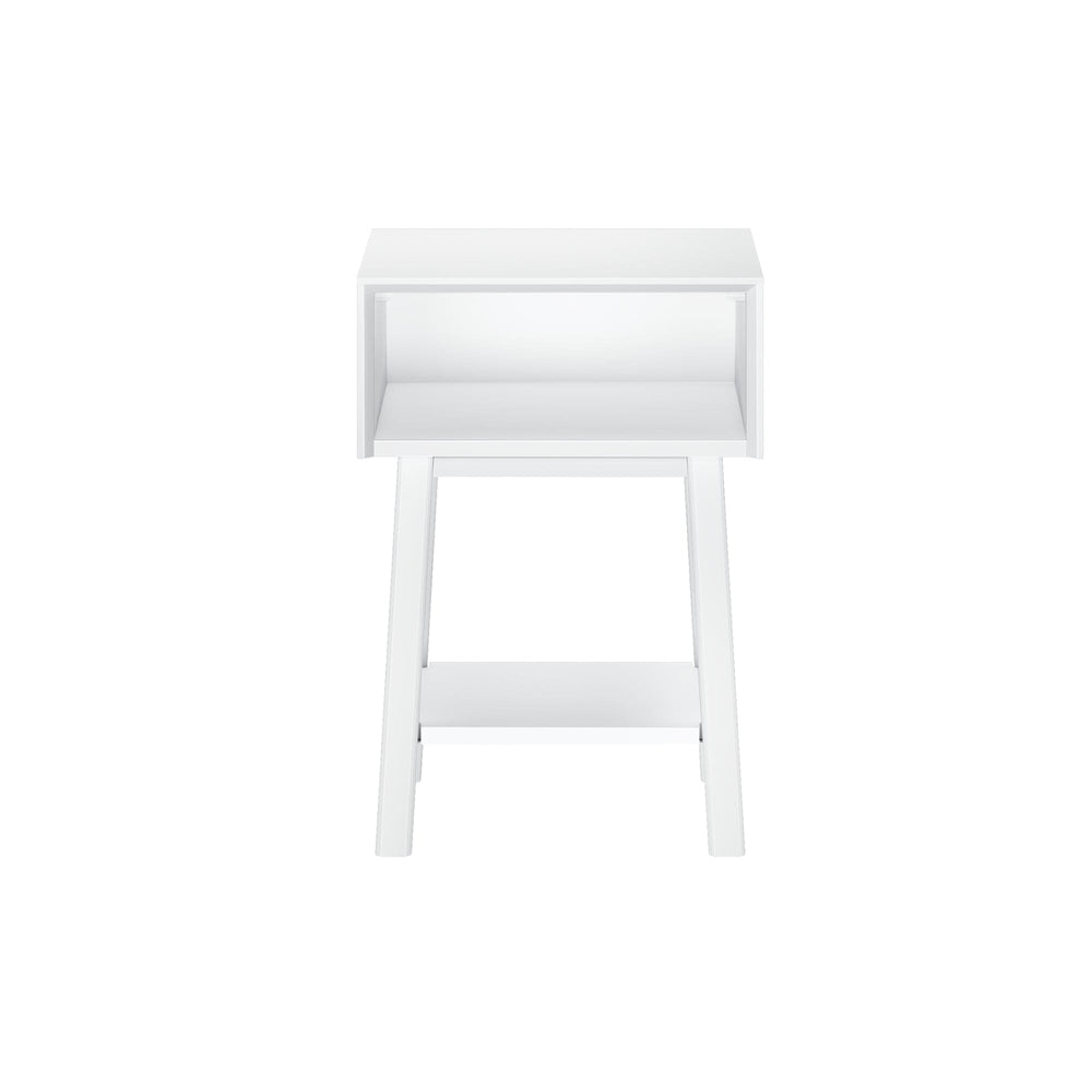 Max & Lily Mid-Century Modern Cubby Night Stand in White - front view on a white background showing the open cubby shelf and angled legs.