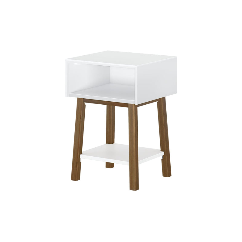Max & Lily Mid-Century Modern Cubby Night Stand in White/Pecan - angled studio view showing the open cubby compartment, lower storage shelf, and angled wood legs