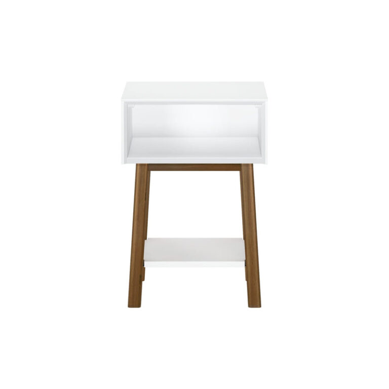 Max Lily Mid Century Modern Cubby Night Stand White Pecan Front View Max & Lily Mid-Century Modern Cubby Night Stand in White/Pecan - front studio view showing the open cubby and lower shelf on angled wood legs