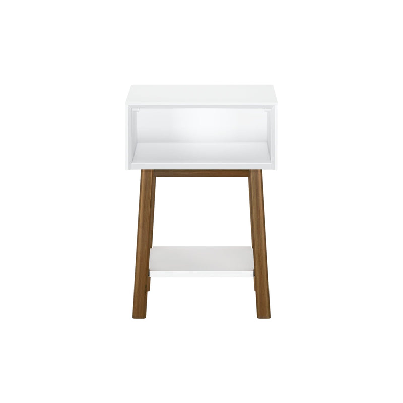 Max & Lily Mid-Century Modern Cubby Night Stand in White/Pecan - front studio view showing the open cubby and lower shelf on angled wood legs