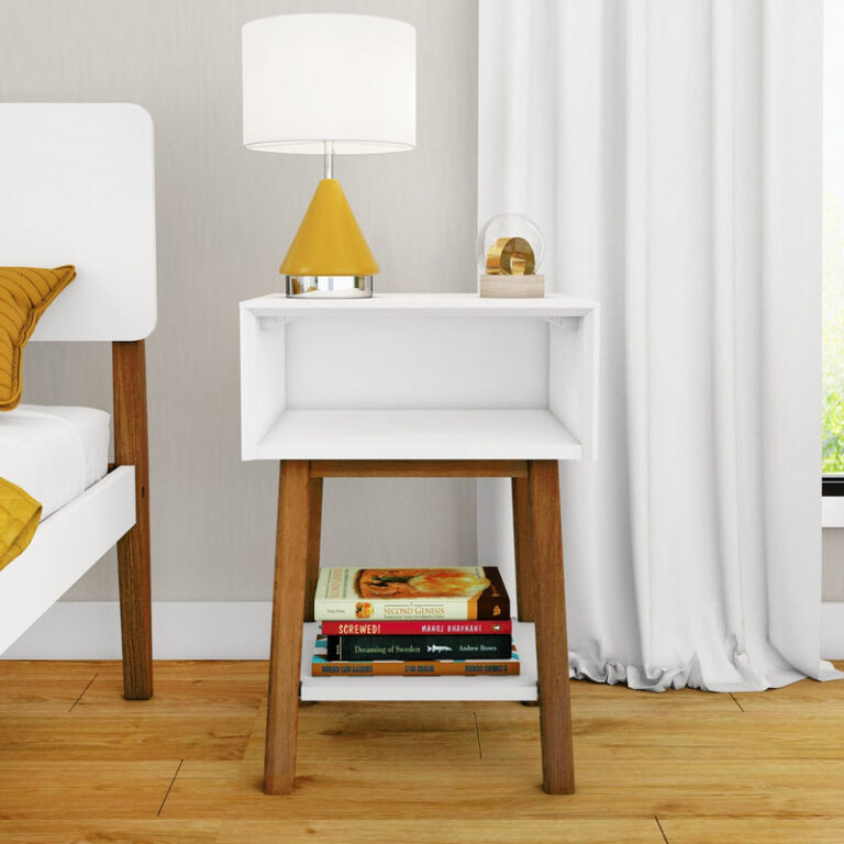 Max Lily Mid Century Modern Cubby Night Stand White Pecan Room Scene 2 Max & Lily Mid-Century Modern Cubby Night Stand in White/Pecan - placed beside a bed with a lamp and decor on top and books on the lower open shelf