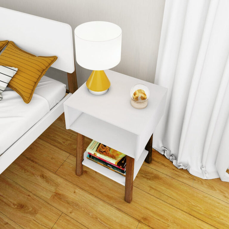 Max Lily Mid Century Modern Cubby Night Stand White Pecan Room Scene 5 Max & Lily Mid-Century Modern Cubby Night Stand in White/Pecan - beside a bed with a lamp on top and books on the lower open shelf