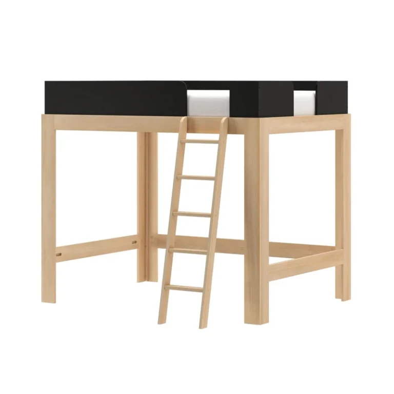 Max Lily Mid Century Modern Full High Loft Bed Blonde Black Angle View Max & Lily Mid-Century Modern Full High Loft Bed in Blonde/Black - angled studio view showing the loft frame, black safety guardrails, and slanted access ladder on a white background.