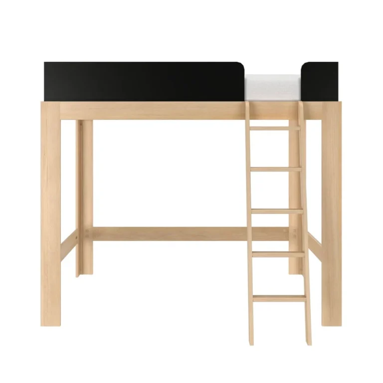 Max Lily Mid Century Modern Full High Loft Bed Blonde Black Front View Max & Lily Mid-Century Modern Full High Loft Bed in Blonde/Black - front elevation on a white background showing the black guardrails and the ladder attached at the side.