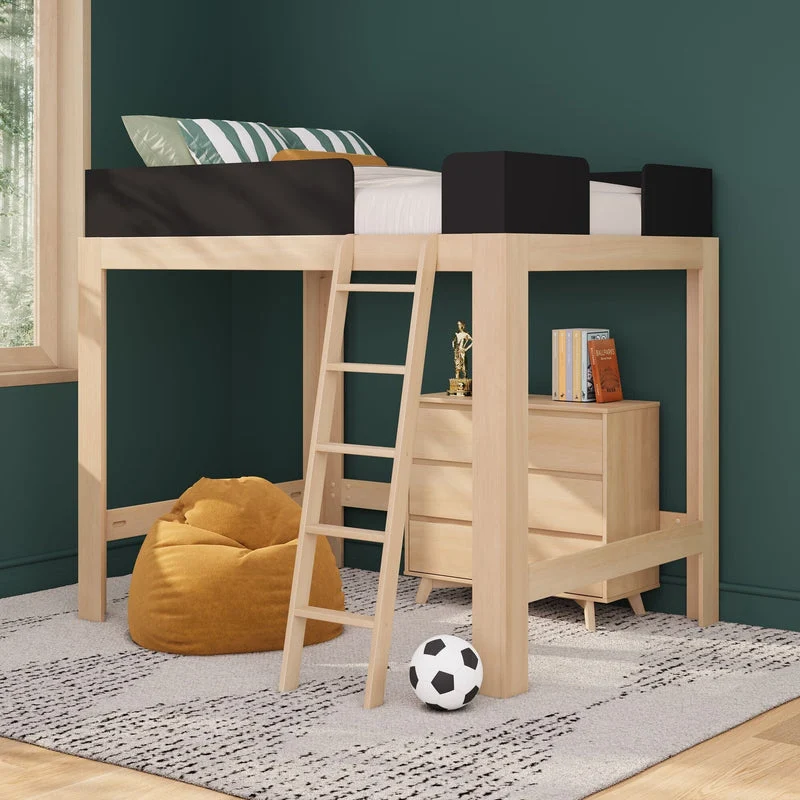 Max & Lily Mid-Century Modern Full High Loft Bed in Blonde/Black - styled bedroom scene with blonde wood frame, black guardrails, access ladder, and a dresser and bean bag chair in the open space beneath the loft.