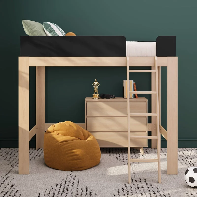 Max & Lily Mid-Century Modern Full High Loft Bed in Blonde/Black - front view in a styled bedroom showing a dresser, bean bag chair, and angled ladder in the space under the loft.