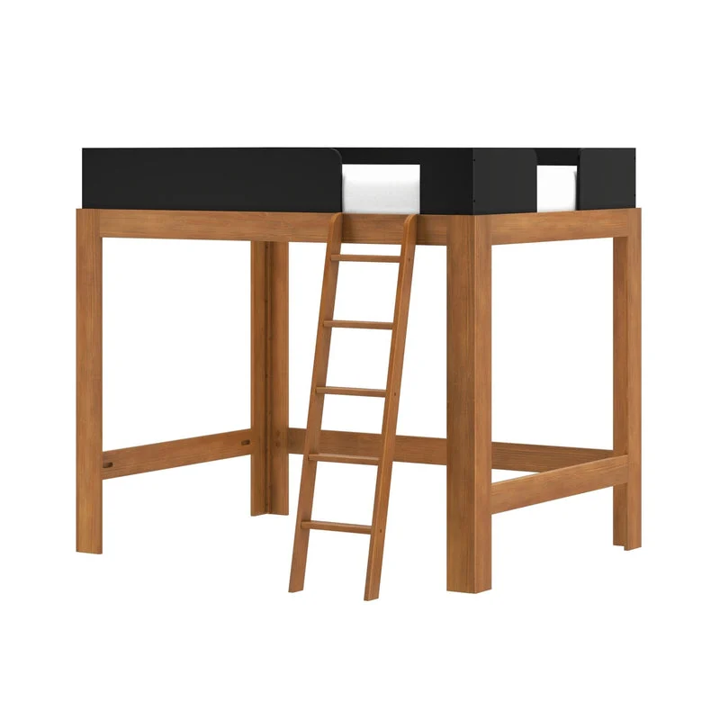 Max & Lily Mid-Century Modern Full High Loft Bed in Pecan/Black - angled product view showing the frame, black guardrails, and angled ladder