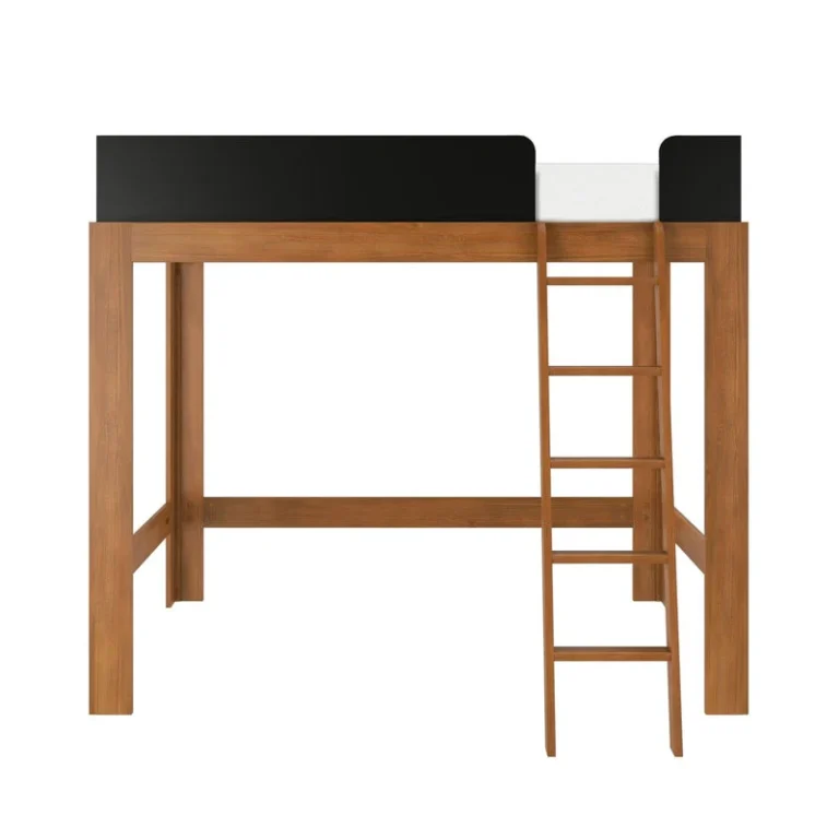 Max Lily Mid Century Modern Full High Loft Bed Pecan Black Front View Max & Lily Mid-Century Modern Full High Loft Bed in Pecan/Black - front product view showing the black safety rails and the angled ladder