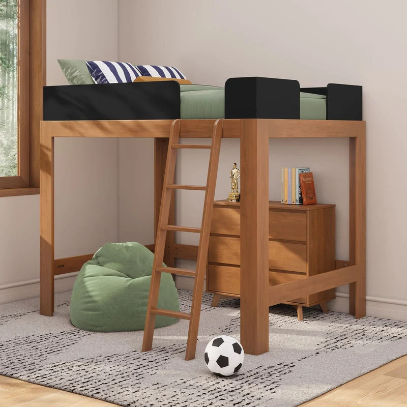 Max & Lily Mid-Century Modern Full High Loft Bed in Pecan/Black - styled bedroom with a ladder, black safety guardrails, and a dresser and bean bag in the open space beneath the raised bed
