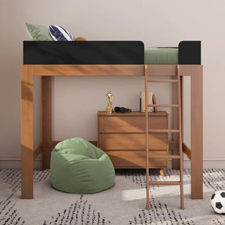 Max Lily Mid Century Modern Full High Loft Bed Pecan Black Room Scene 2 Max & Lily Mid-Century Modern Full High Loft Bed in Pecan/Black - side angle in a styled room showing the ladder and a dresser positioned under the loft bed