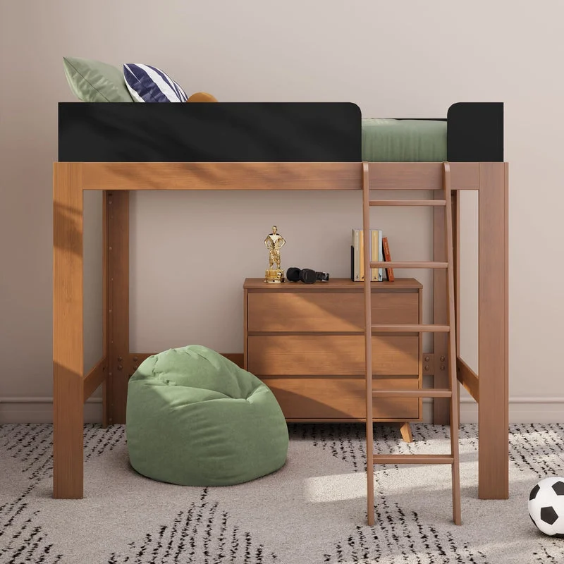 Max & Lily Mid-Century Modern Full High Loft Bed in Pecan/Black - side angle in a styled room showing the ladder and a dresser positioned under the loft bed