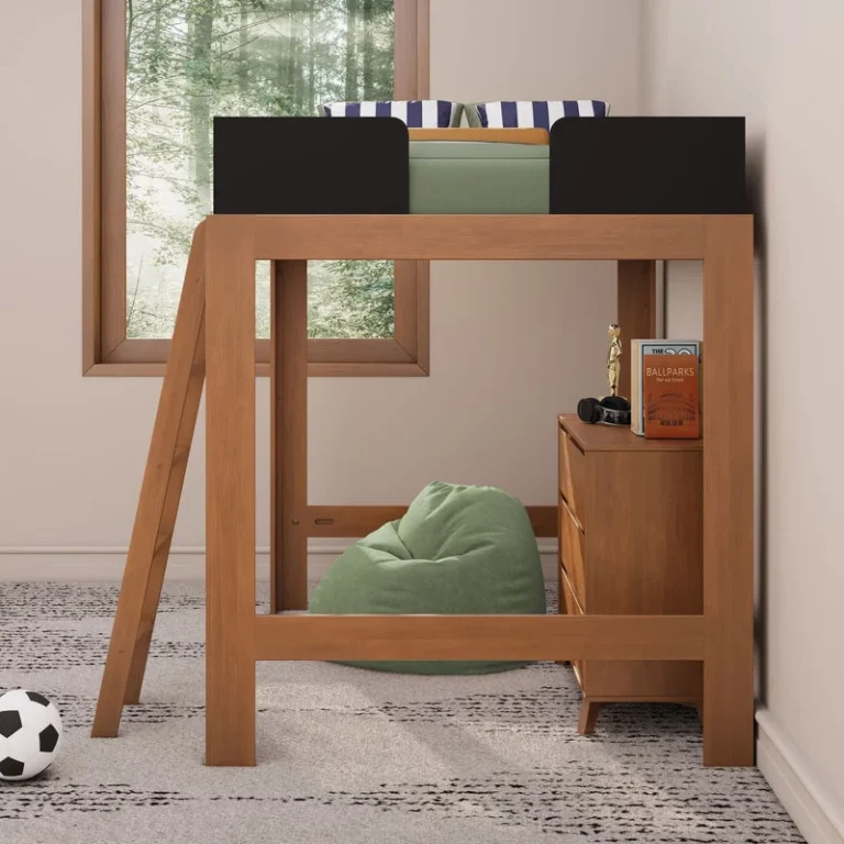 Max Lily Mid Century Modern Full High Loft Bed Pecan Black Under Bed Storage Max & Lily Mid-Century Modern Full High Loft Bed in Pecan/Black - open storage space beneath the raised bed holding a dresser, with a window and bean bag nearby