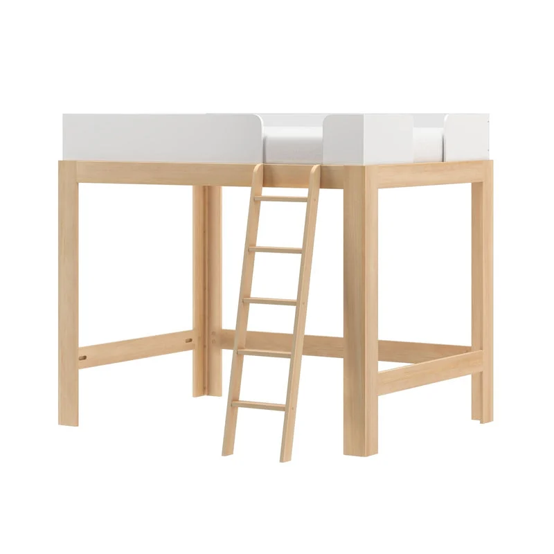 Max & Lily Mid-Century Modern Full High Loft Bed in White/Blonde - angled product view showing the safety guardrails and slanted ladder on a plain background.