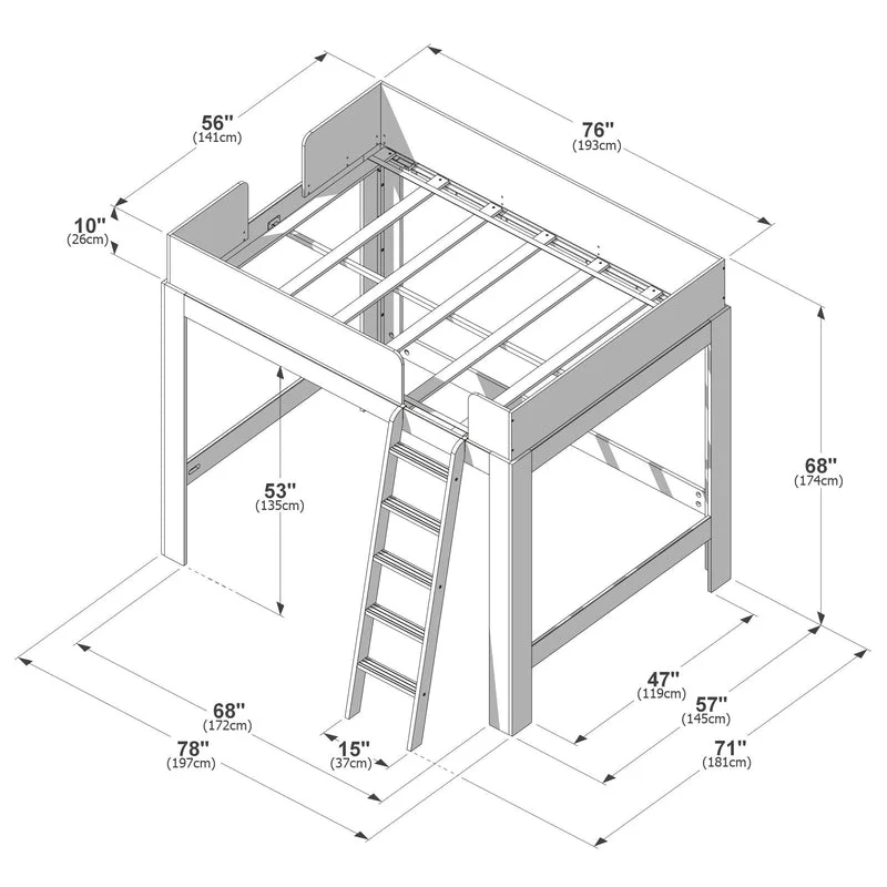 Max & Lily Mid-Century Modern Full High Loft Bed in White/Blonde - dimensions diagram with measurements for the frame, ladder, and under-bed clearance in inches and centimetres.