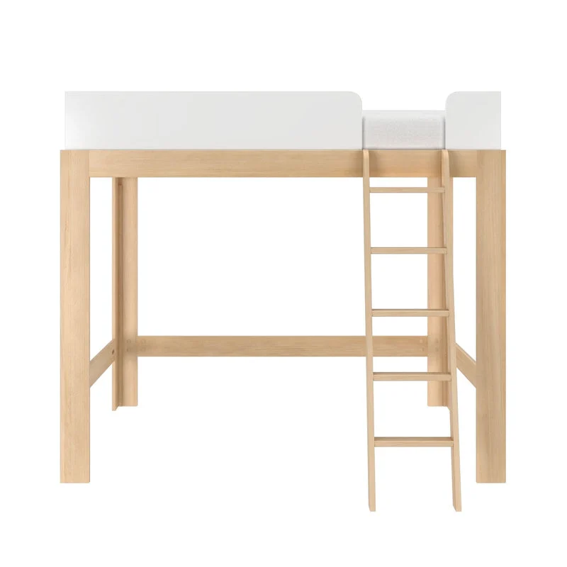 Max & Lily Mid-Century Modern Full High Loft Bed in White/Blonde - front view showing the white guardrails and ladder on a plain background.