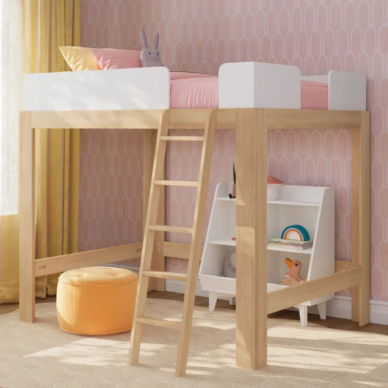 Max Lily Mid Century Modern Full High Loft Bed White Blonde Room Scene 1 Max & Lily Mid-Century Modern Full High Loft Bed in White/Blonde - angled view in a pink bedroom with the ladder, an under-bed cube bookshelf, and an orange pouf.