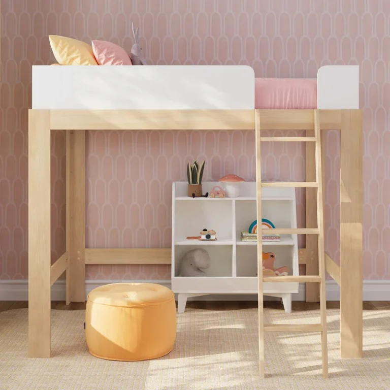 Max Lily Mid Century Modern Full High Loft Bed White Blonde Room Scene 2 Max & Lily Mid-Century Modern Full High Loft Bed in White/Blonde - styled bedroom scene showing the loft bed with a cube bookshelf and ladder in the space underneath.