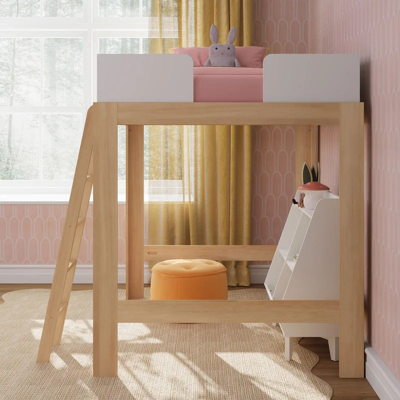 Max & Lily Mid-Century Modern Full High Loft Bed in White/Blonde - room scene by a window with curtains, an orange pouf, and open storage space beneath the raised bed.