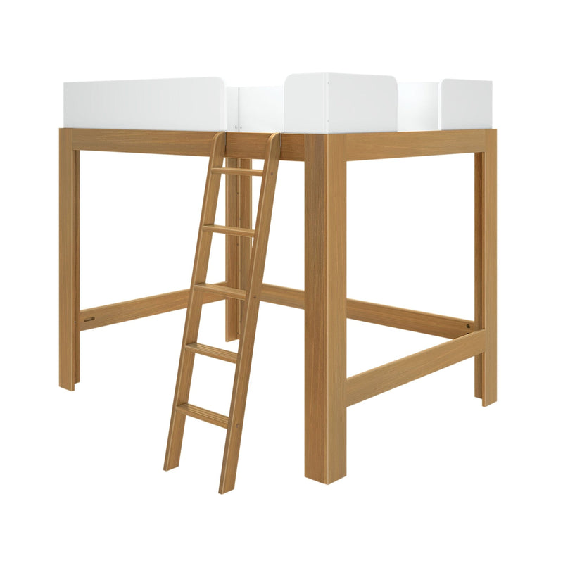 Max & Lily Mid-Century Modern Full High Loft Bed in White/Pecan - angled product view on a white background showing the white guardrails and angled ladder.