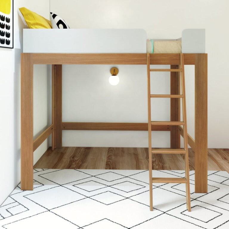 Max Lily Mid Century Modern Full High Loft Bed White Pecan Front View Max & Lily Mid-Century Modern Full High Loft Bed in White/Pecan - front view in a bedroom showing the open space beneath the elevated mattress and the side ladder.