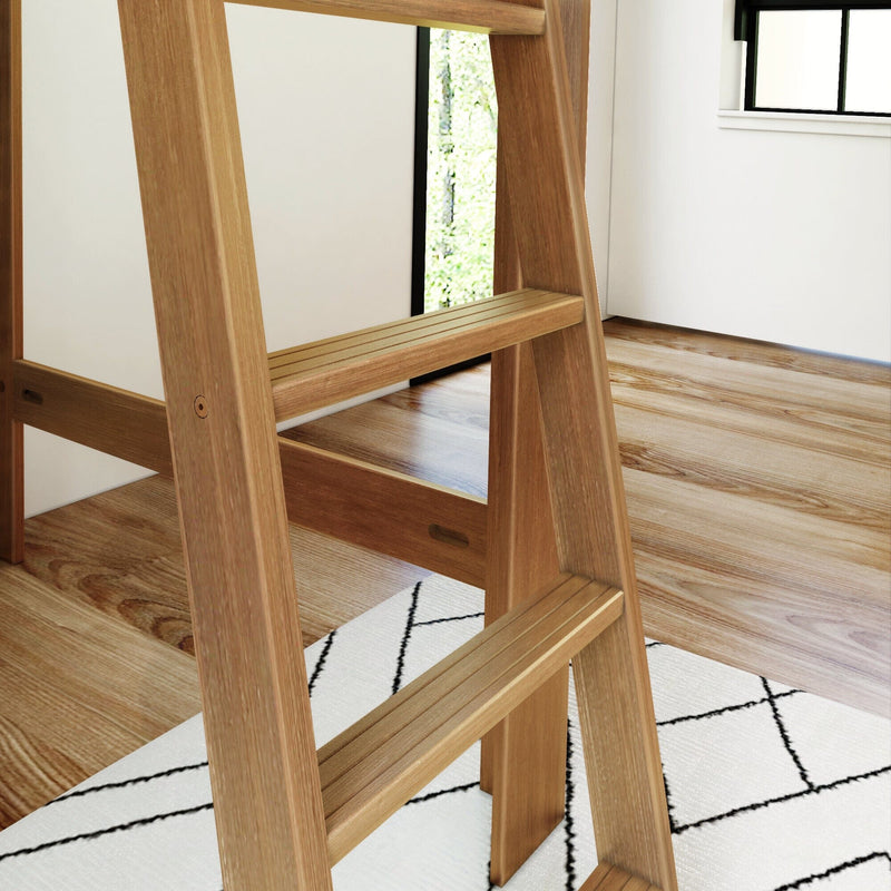 Max & Lily Mid-Century Modern Full High Loft Bed in White/Pecan - close-up of the grooved wooden ladder steps.