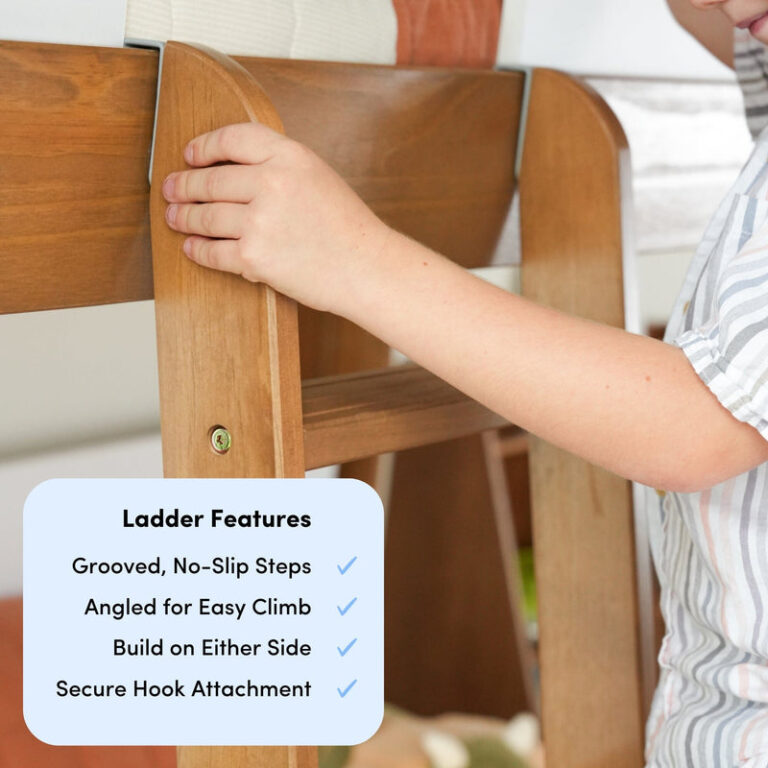 Max Lily Mid Century Modern Full High Loft Bed White Pecan Ladder Features Max & Lily Mid-Century Modern Full High Loft Bed in White/Pecan - a child gripping the ladder beside a callout listing ladder features such as grooved no-slip steps and secure hook attachment.