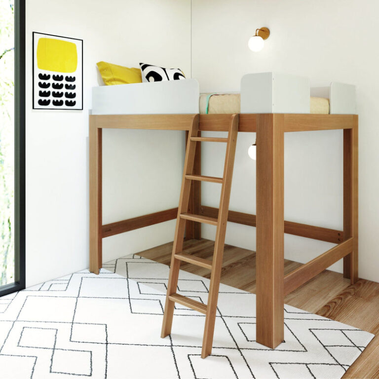 Max Lily Mid Century Modern Full High Loft Bed White Pecan Room Scene Max & Lily Mid-Century Modern Full High Loft Bed in White/Pecan - angled view in a styled bedroom with white guardrails, pecan wood frame, and a ladder over a patterned rug.