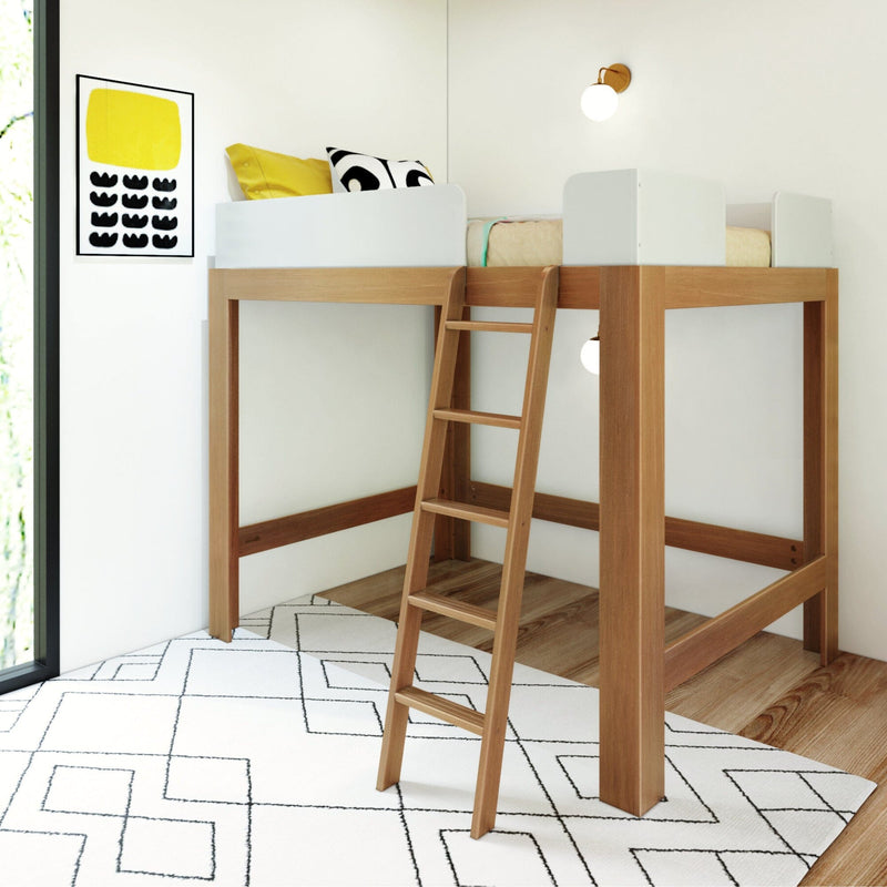 Max & Lily Mid-Century Modern Full High Loft Bed in White/Pecan - angled view in a styled bedroom with white guardrails, pecan wood frame, and a ladder over a patterned rug.