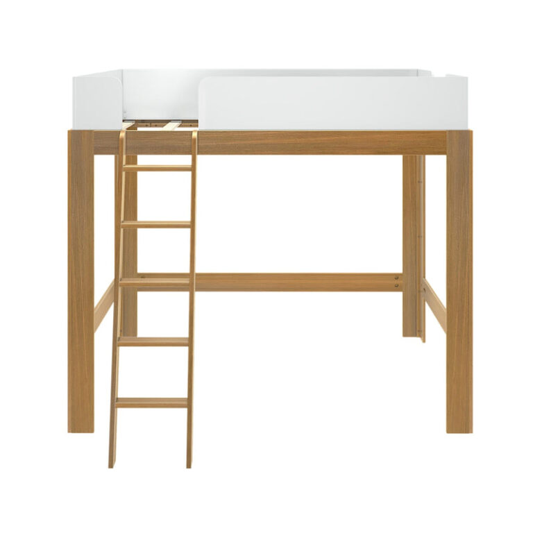 Max Lily Mid Century Modern Full High Loft Bed White Pecan Side View Max & Lily Mid-Century Modern Full High Loft Bed in White/Pecan - side view on a white background showing the tall pecan legs and slatted mattress base.