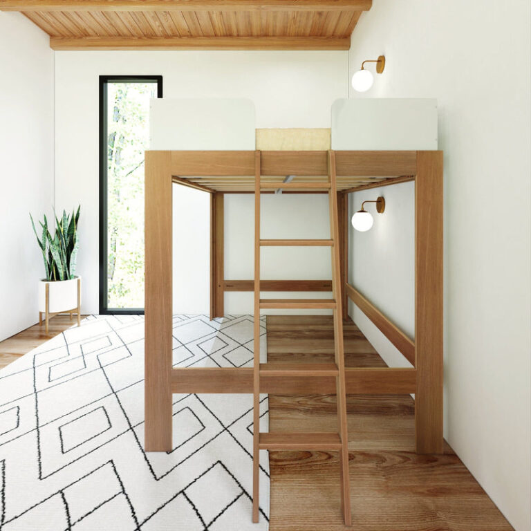 Max Lily Mid Century Modern Full High Loft Bed White Pecan Under Bed Space Max & Lily Mid-Century Modern Full High Loft Bed in White/Pecan - front view in a bedroom highlighting the open floor space beneath the elevated loft.