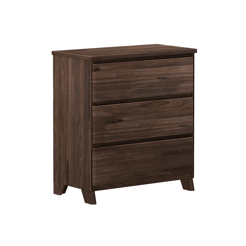 Max & Lily Modern Farmhouse 3 Drawer Dresser in Barnwood Brown - angle view showing the wood grain across three full-width drawers