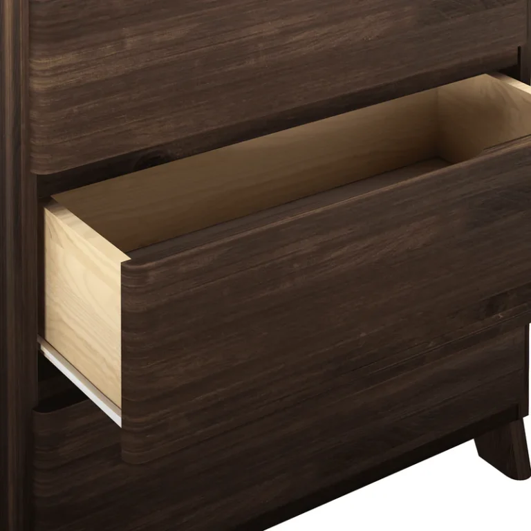 Max & Lily Modern Farmhouse 3 Drawer Dresser in Barnwood Brown - closeup of an open drawer showing the deep solid wood drawer box