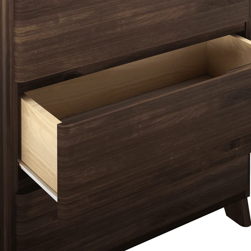 Max & Lily Modern Farmhouse 3 Drawer Dresser in Barnwood Brown - closeup of an open drawer showing the deep solid wood drawer box