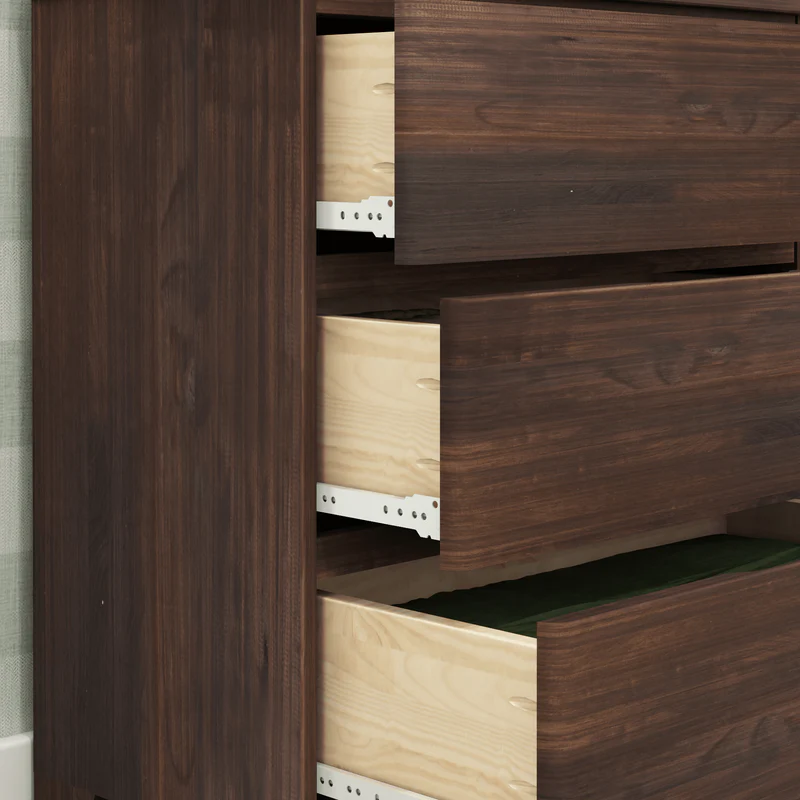 Max & Lily Modern Farmhouse 3 Drawer Dresser in Barnwood Brown - closeup of three open drawers showing the solid wood drawer boxes and metal glides