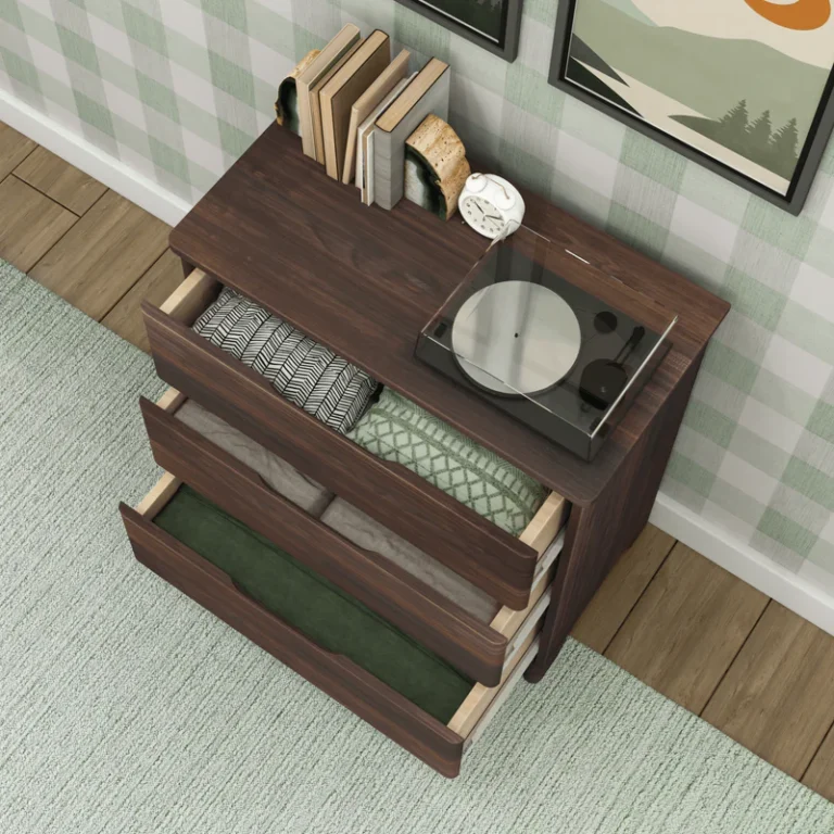 Max & Lily Modern Farmhouse 3 Drawer Dresser in Barnwood Brown - overhead view with all three storage drawers open holding folded clothes
