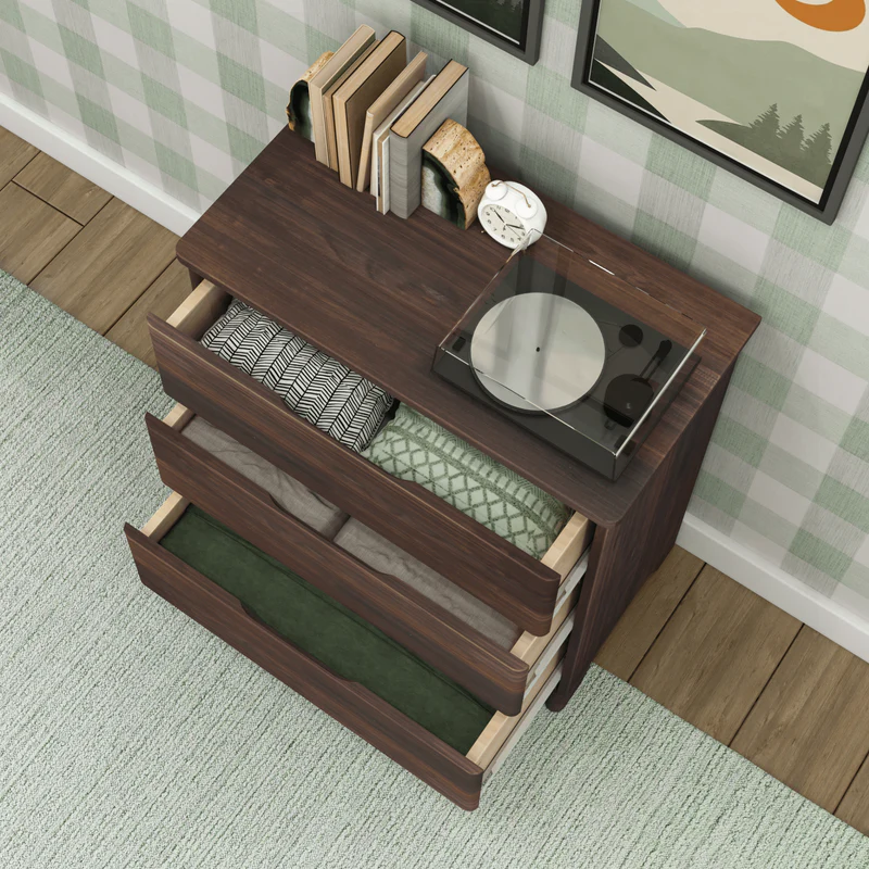 Max & Lily Modern Farmhouse 3 Drawer Dresser in Barnwood Brown - overhead view with all three storage drawers open holding folded clothes
