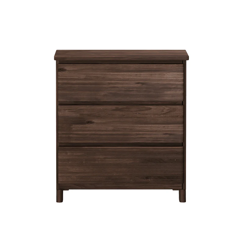 Max & Lily Modern Farmhouse 3 Drawer Dresser in Barnwood Brown - front view showing three full-width drawers on tapered legs