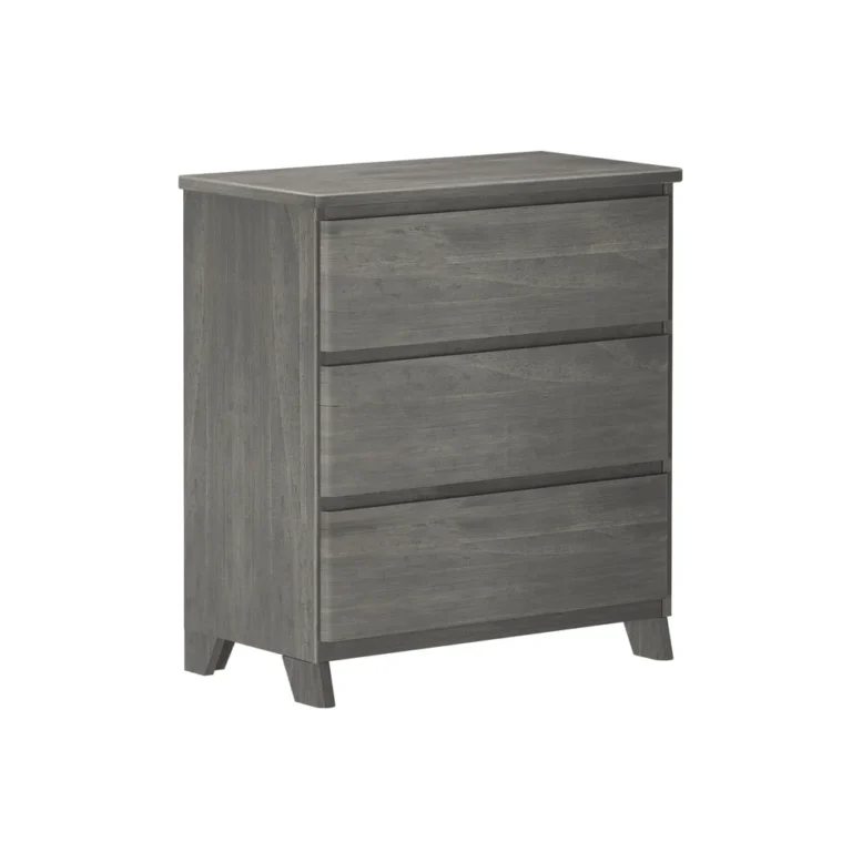 Max & Lily Modern Farmhouse 3 Drawer Dresser in Driftwood - angled studio view showing the side panel, three drawers and flared legs