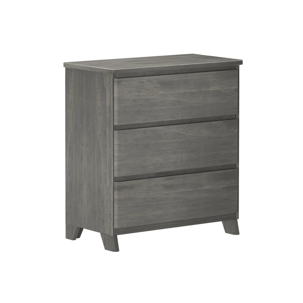 Max & Lily Modern Farmhouse 3 Drawer Dresser in Driftwood - angled studio view showing the side panel, three drawers and flared legs