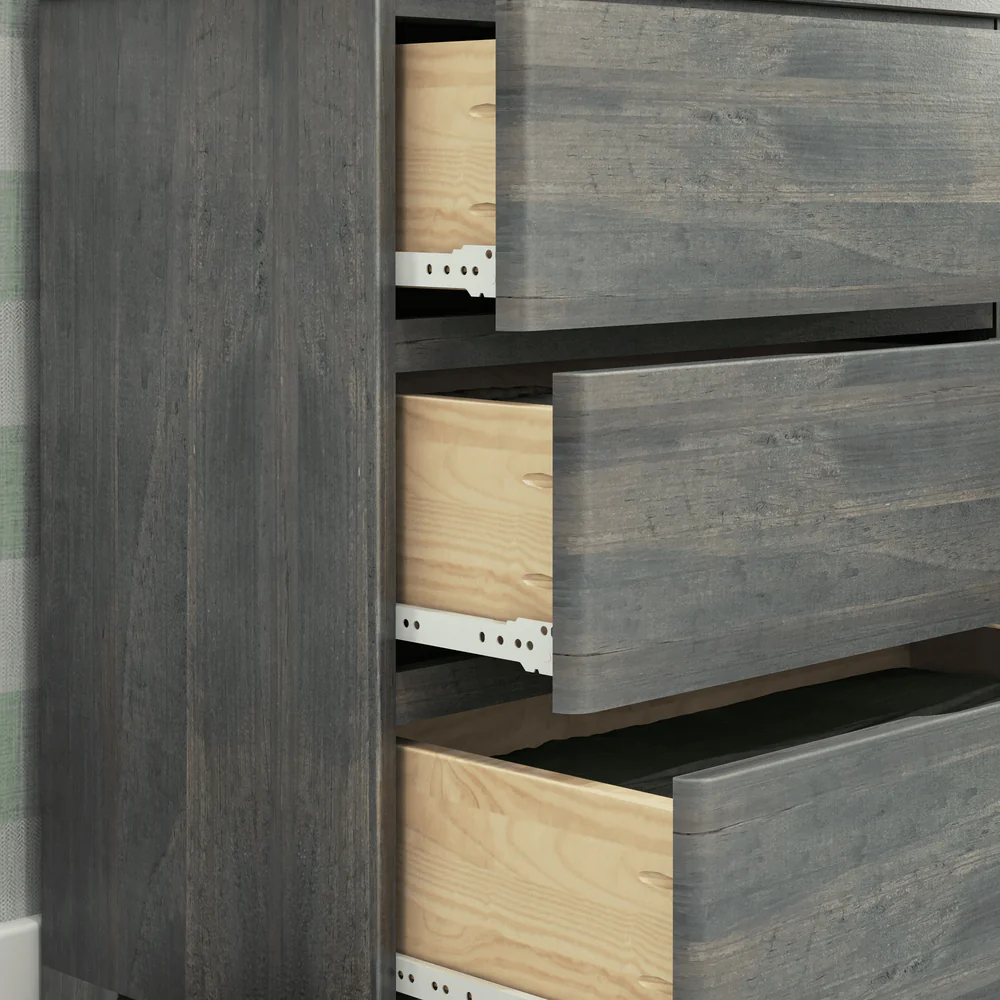Max & Lily Modern Farmhouse 3 Drawer Dresser in Driftwood - closeup of three open drawers showing the natural wood drawer boxes and metal glides