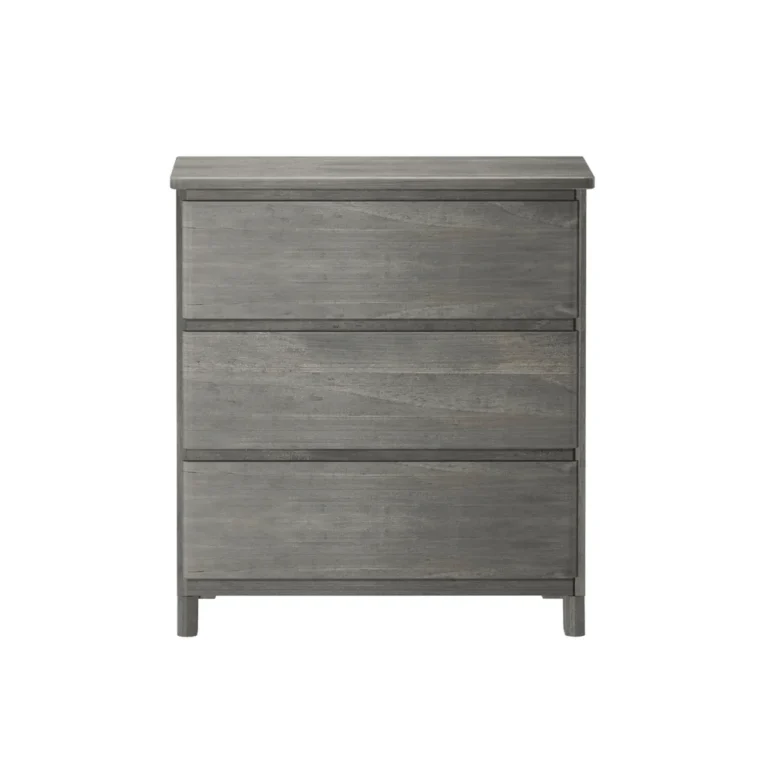 Max & Lily Modern Farmhouse 3 Drawer Dresser in Driftwood - straight-on studio view of the three-drawer front and overhanging top