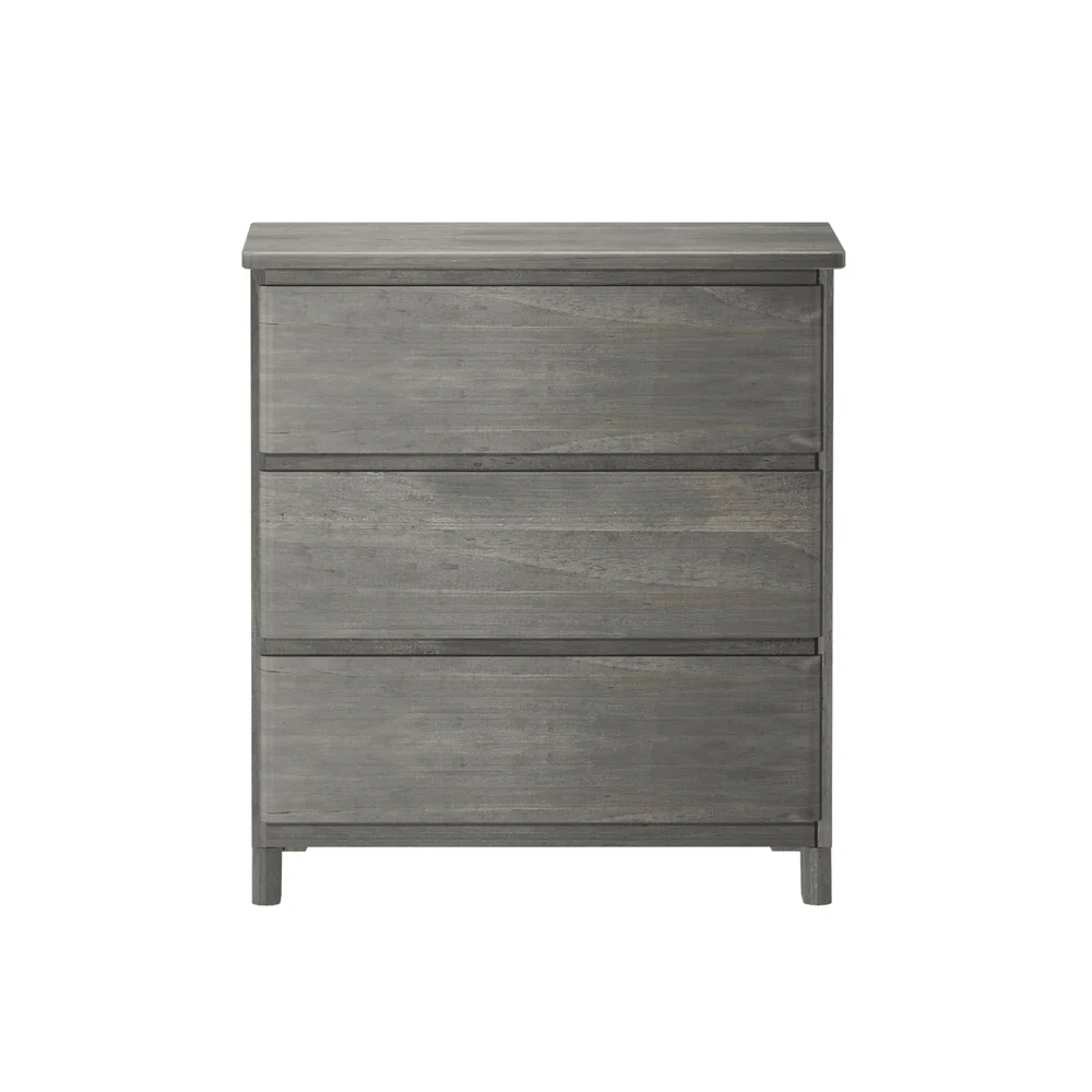 Max & Lily Modern Farmhouse 3 Drawer Dresser in Driftwood - straight-on studio view of the three-drawer front and overhanging top