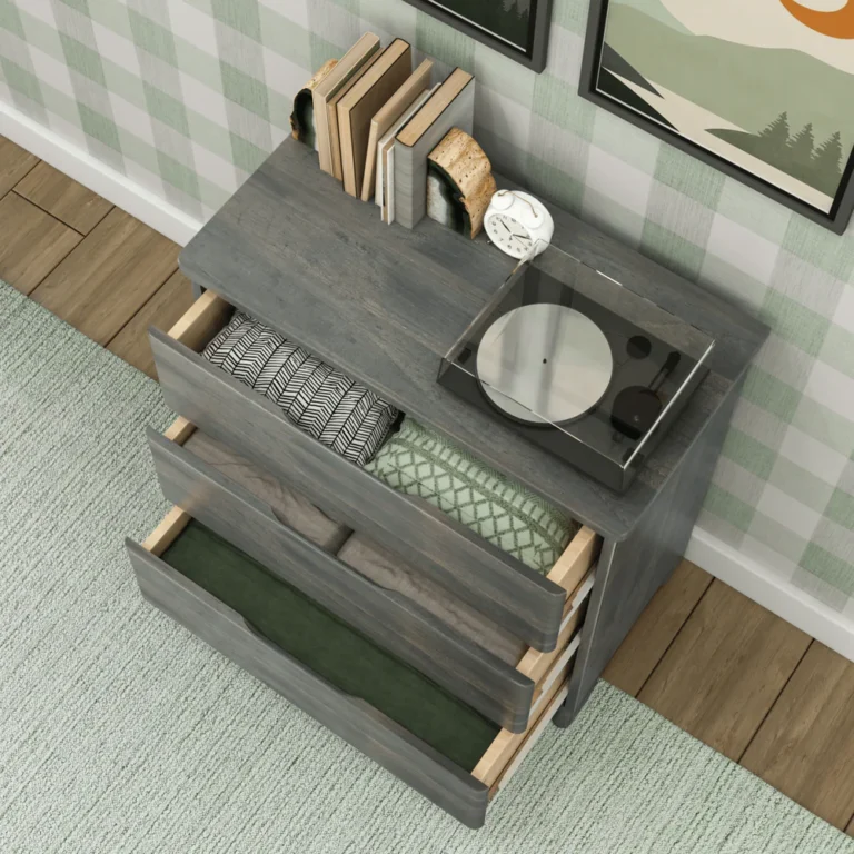 Max & Lily Modern Farmhouse 3 Drawer Dresser in Driftwood - overhead view with all three drawers open and filled with folded clothing and blankets