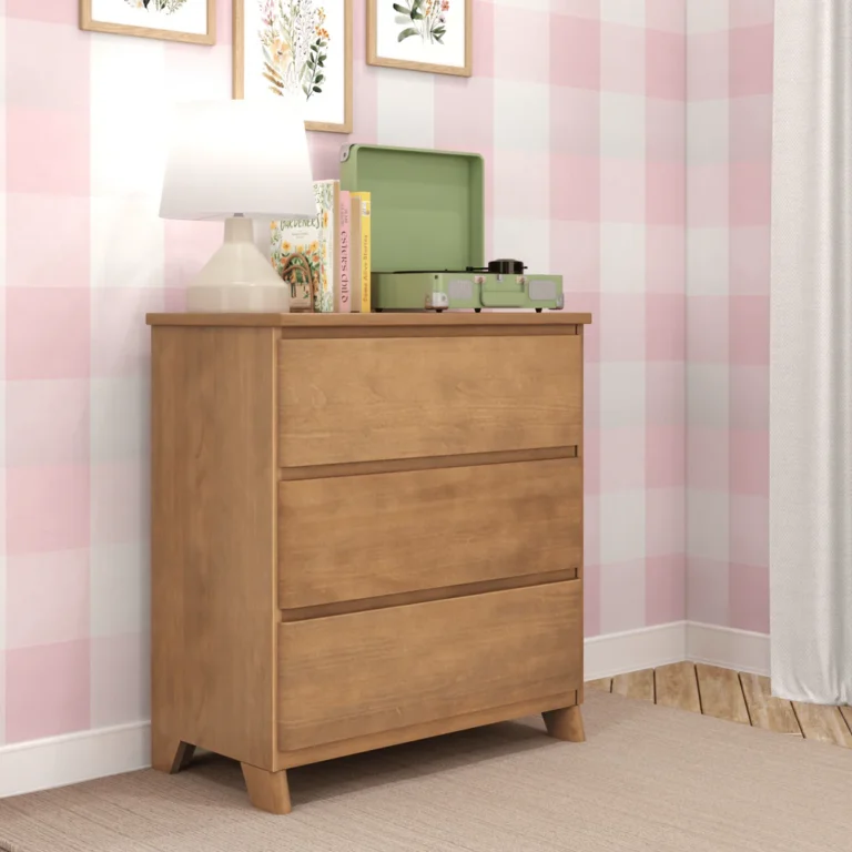 Max & Lily Modern Farmhouse 3 Drawer Dresser in Pecan - angled view in a bedroom corner showing the three flat-front drawers and splayed legs