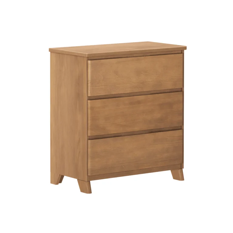 Max & Lily Modern Farmhouse 3 Drawer Dresser in Pecan - angle view showing the three handle-free drawers and tapered wood legs
