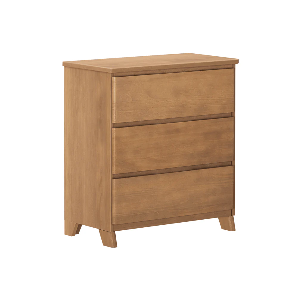 Max & Lily Modern Farmhouse 3 Drawer Dresser in Pecan - angle view showing the three handle-free drawers and tapered wood legs