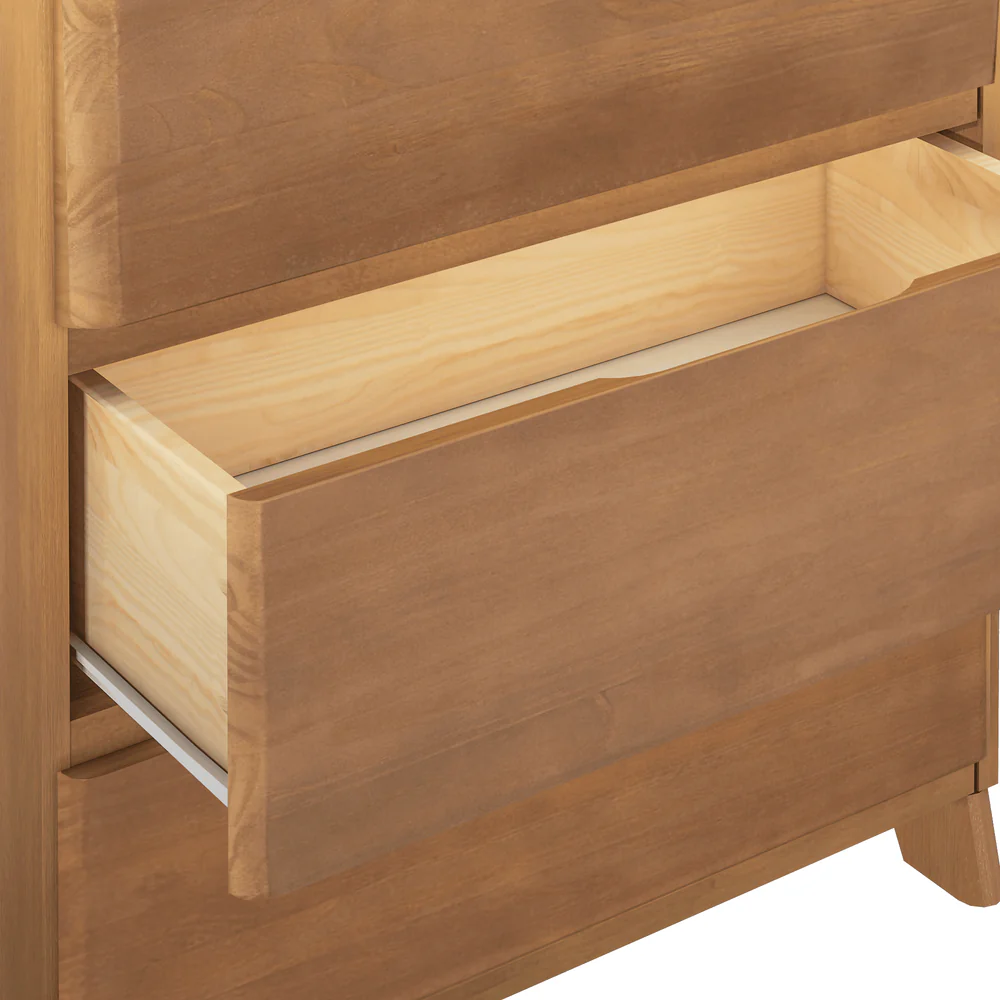 Max & Lily Modern Farmhouse 3 Drawer Dresser in Pecan - closeup of an open drawer showing the solid pine drawer box interior