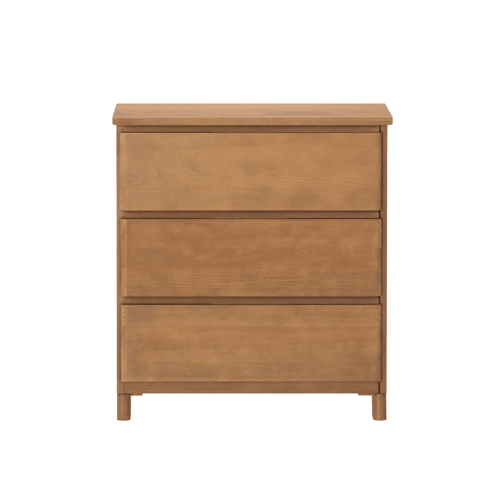 Max & Lily Modern Farmhouse 3 Drawer Dresser in Pecan - front view showing three full-width drawers with recessed finger pulls
