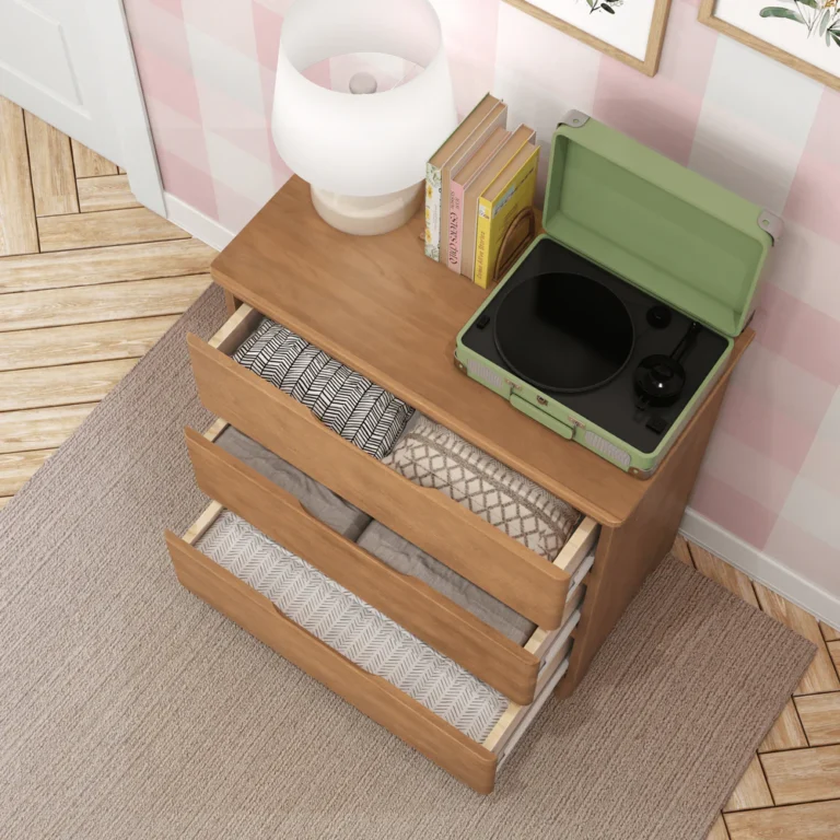 Max & Lily Modern Farmhouse 3 Drawer Dresser in Pecan - overhead view with all three drawers open and filled with folded blankets and linens
