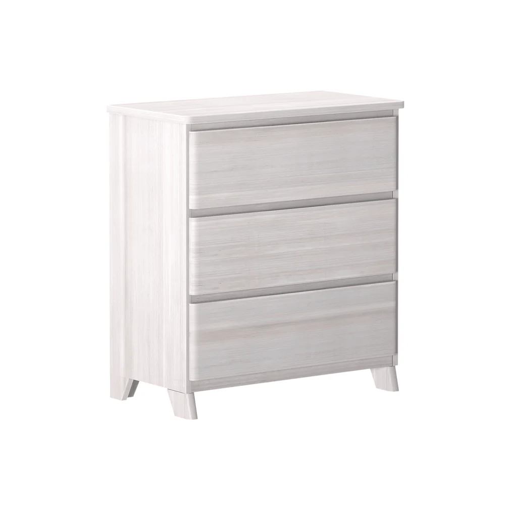 Max & Lily Modern Farmhouse 3 Drawer Dresser in White Wash - angle view on a white background showing the solid wood grain and tapered legs